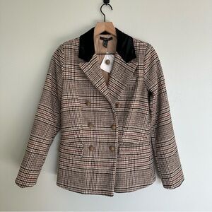 Forever 21 Plaid Double Breasted Velvet Collar Gold Buttons Blazer Jacket